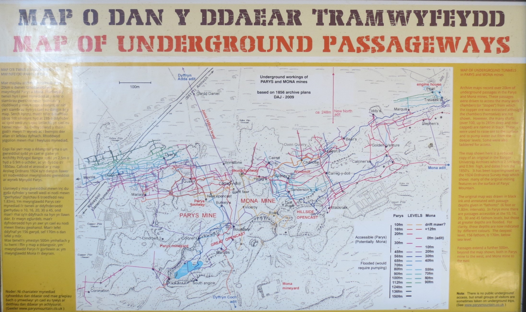 information board displaying a map of the underground tunnels in Parys and Mona mines