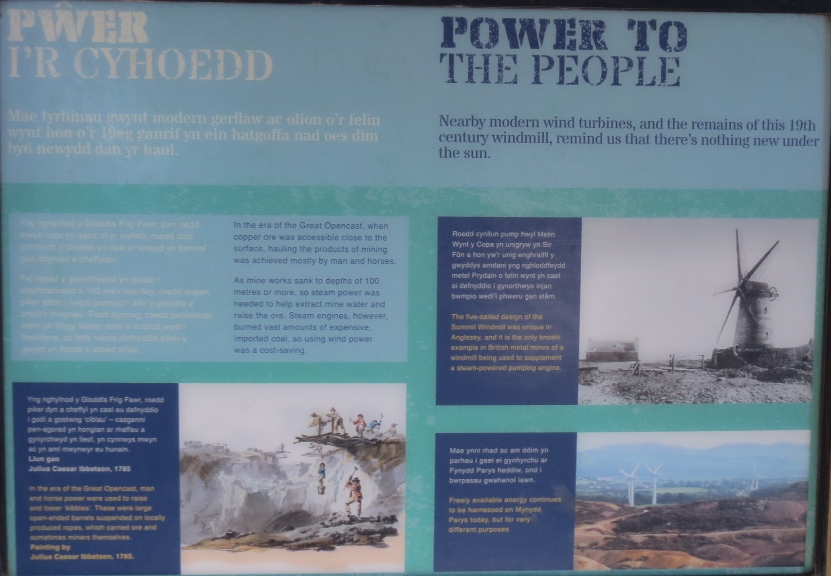 Blue information board titled 'Power to the People', providing  further information about the windmill