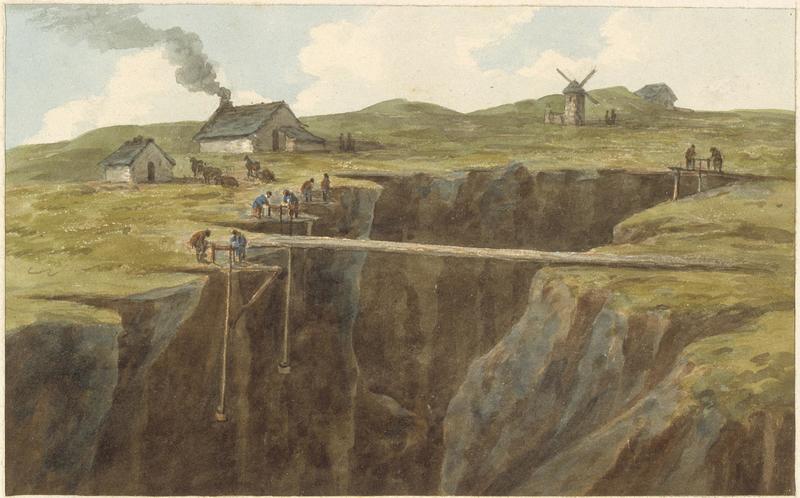 watercolour painting of the mountain surface, depicting the Great Opencast, Summit Windmill, and other buildings related to Parys Mine