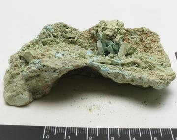 Dehydrated chalcanthite A specimen of cuprian melanterite from National Museum Wales Cardiff, originally attributed as chalcanthite. It has dehydrated to a pale green-blue.